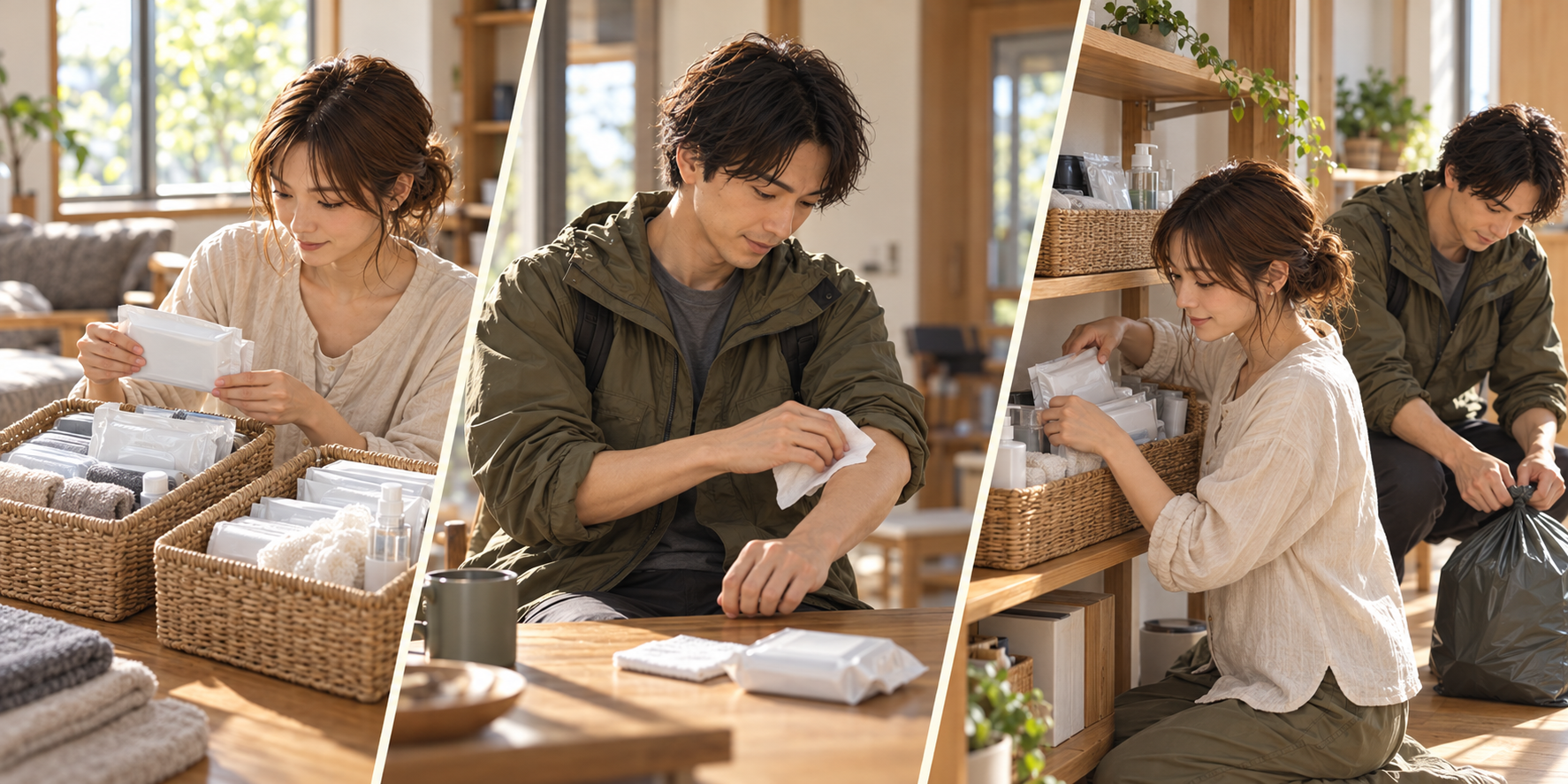 清拭用品を用途別に備え、大人が腕を拭き、使った分を補充する三つの場面