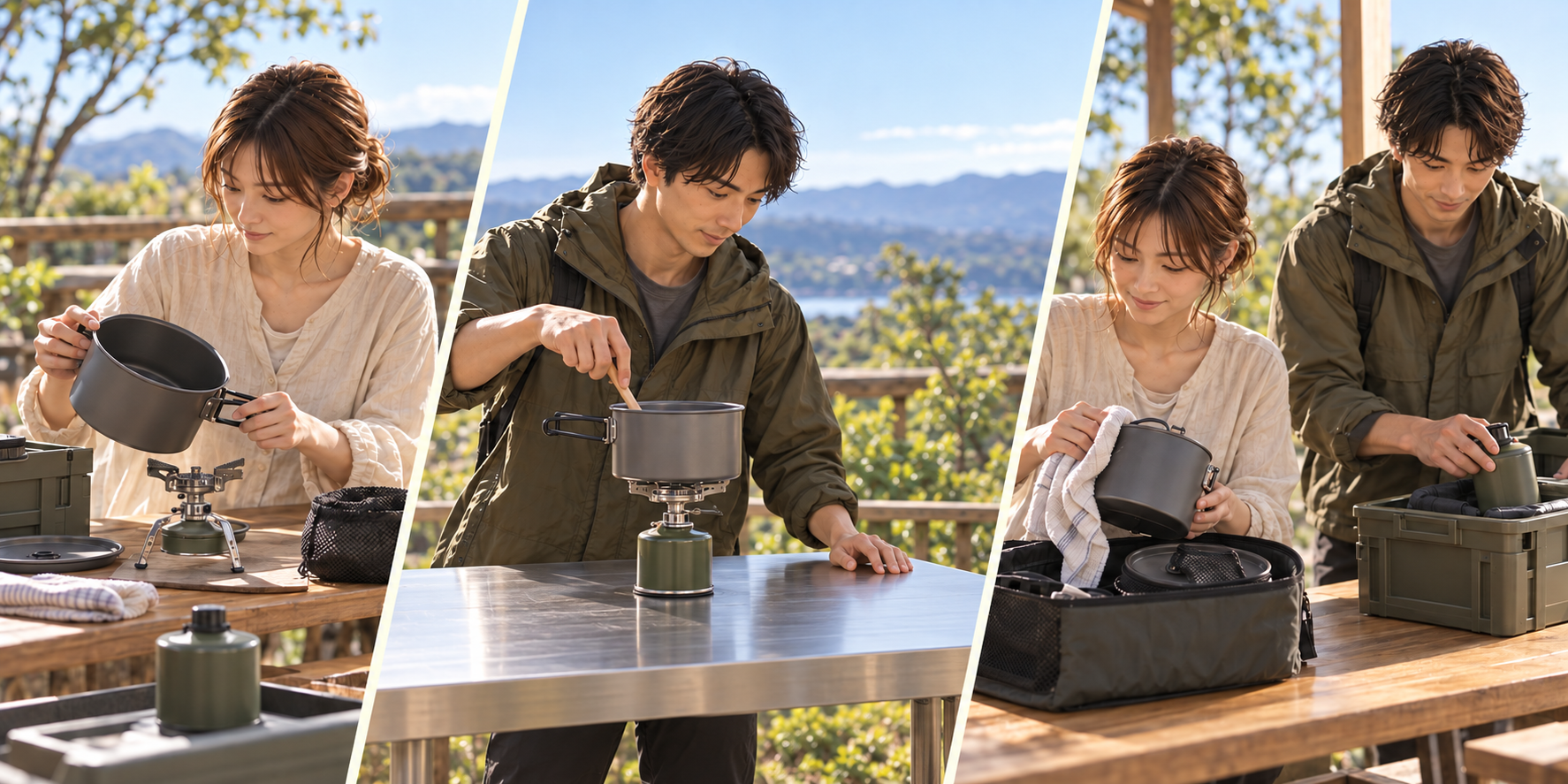 調理器具と使用場所を用意し、屋外の安定した場所で加熱し、冷めた器具を片付ける三つの場面