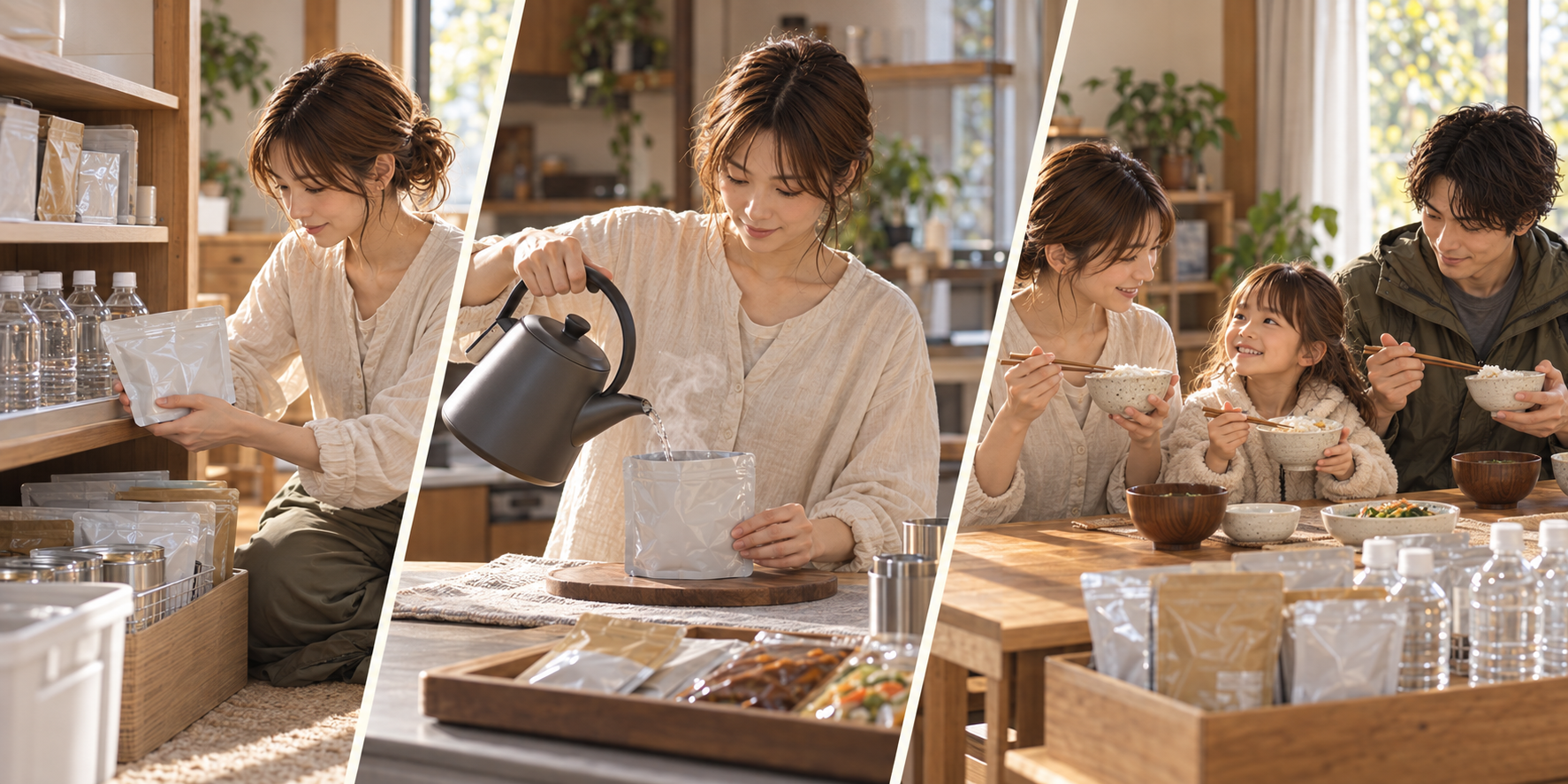 非常食と必要な水を備え、大人が一食分を準備し、家族で試食して備蓄を更新する三つの場面