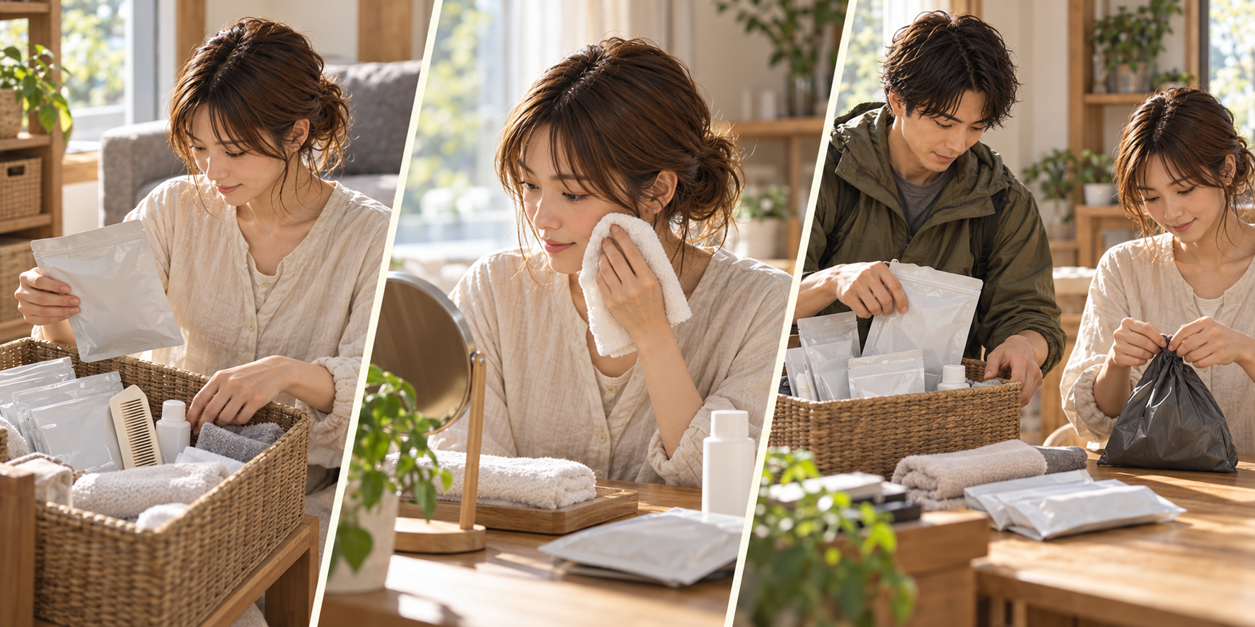 顔や髪などのケア用品を備え、大人が顔を拭き、使った用品を片付けて補充する三つの場面