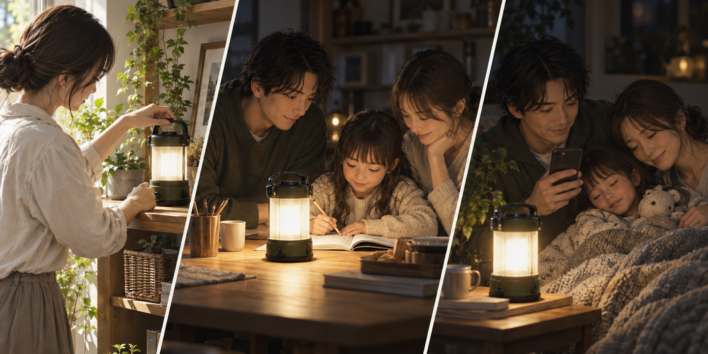 ランタンを家の定位置に備える場面、停電した部屋を照らす場面、明かりを確保しながらスマートフォンを充電する場面