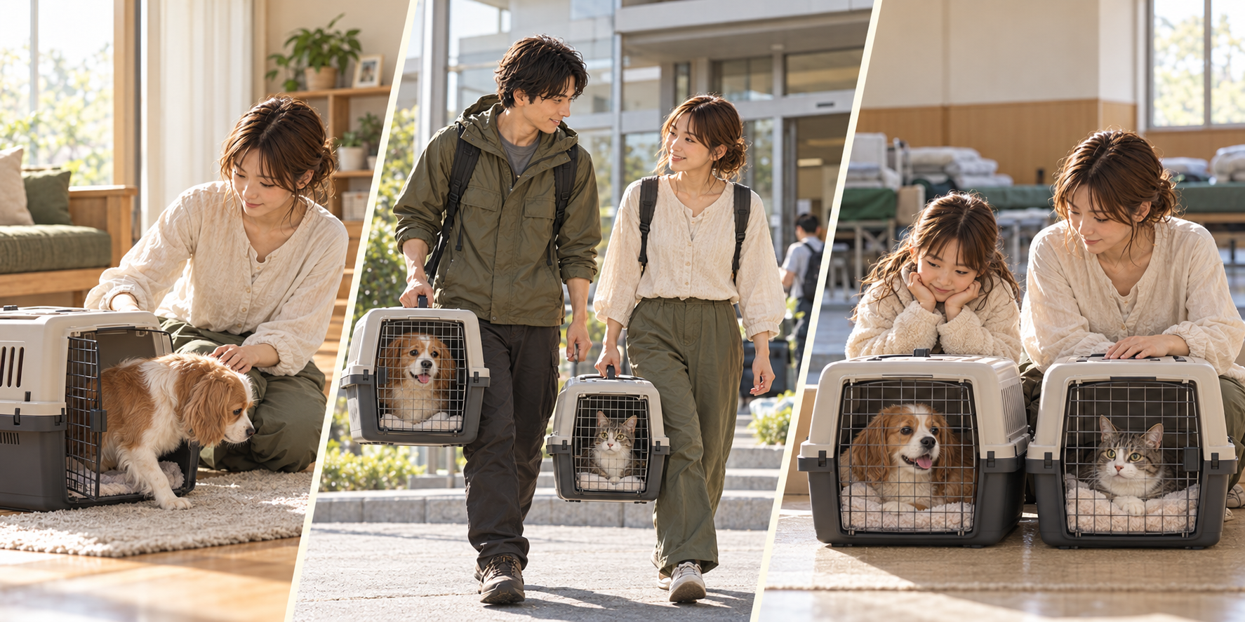 家でキャリーに慣れる犬、別々の閉じたキャリーで移動する犬猫、到着先で家族に見守られながら過ごす三つの場面