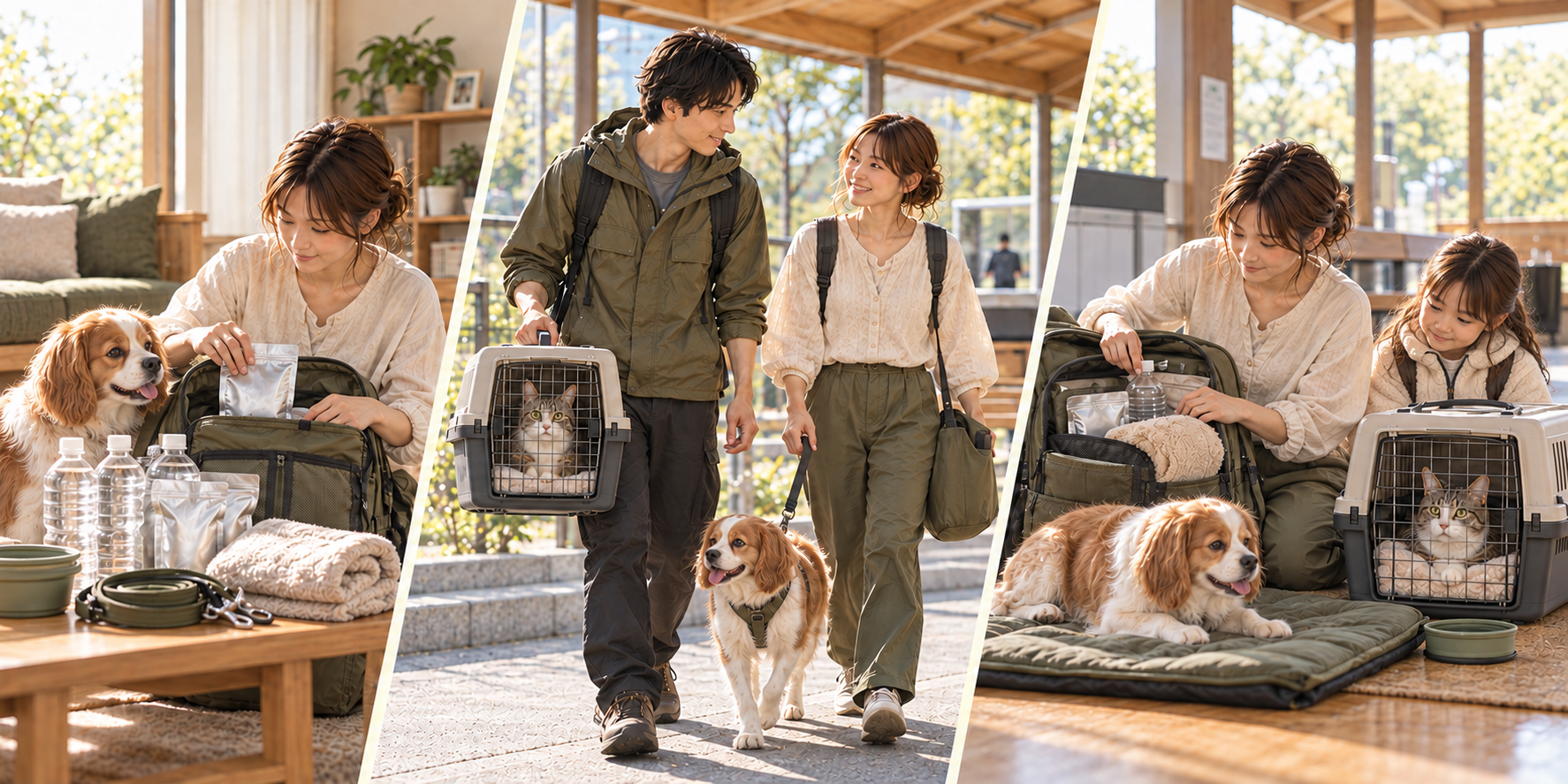 家族で犬猫の備品をまとめて持ち出し、到着先で母親と女の子が犬猫を見守りながら補充する三つの場面
