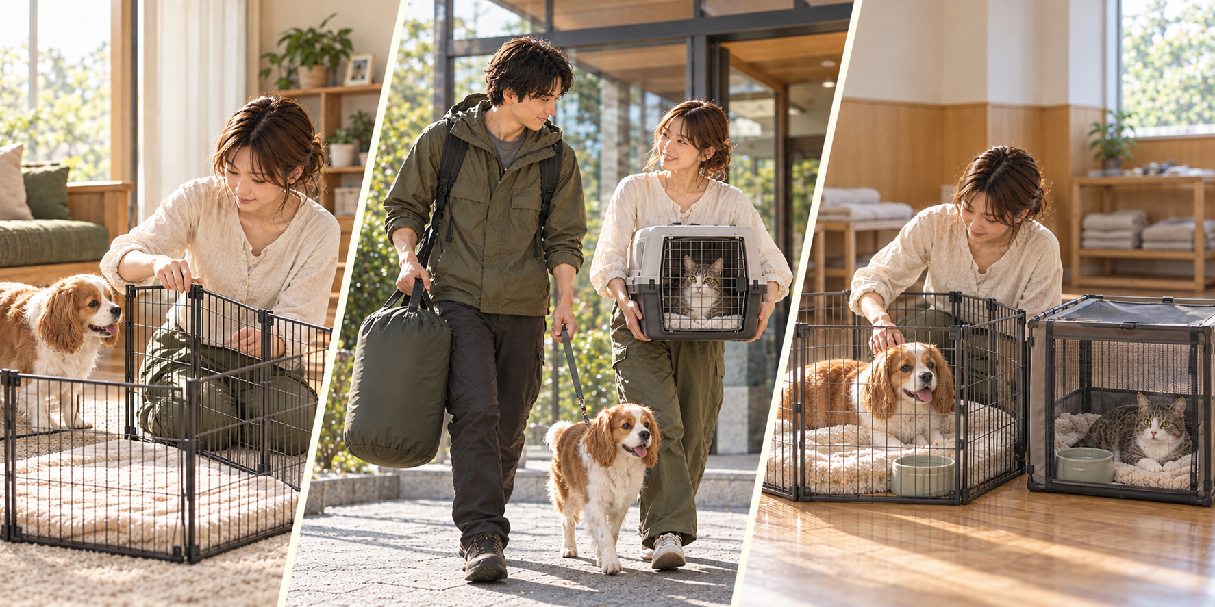 空の囲いを家で準備し、折りたたんだ設備を運び、到着先で犬猫それぞれの囲いを整える三つの場面