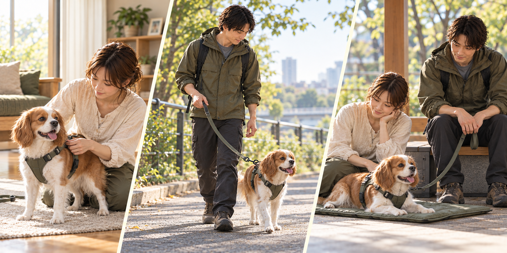 犬のハーネスの収まりを確認し、大人がリードを持って移動し、到着先で見守る三つの場面