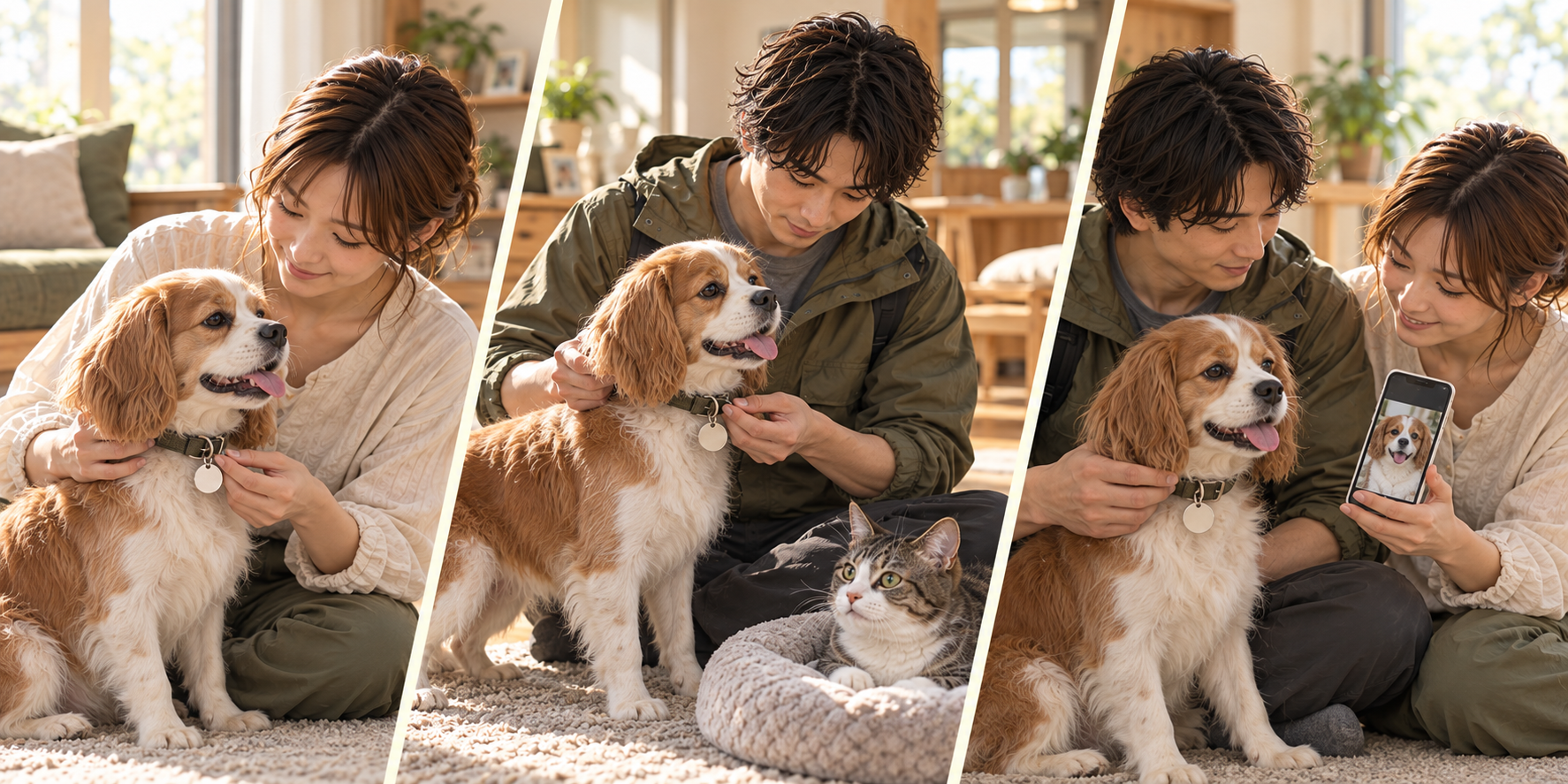 犬の識別タグを備え、日常に状態を確認し、離れたときの照合に写真とタグを使う三つの場面
