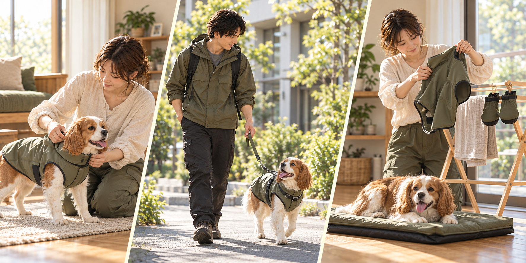 犬に合うウェアの収まりを見て、動きを確かめながら移動し、使用後に乾燥と保管を行う三つの場面