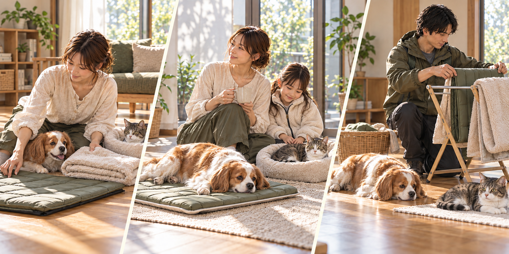休む場所と用品を準備し、母親と女の子が別々の寝床で休む犬猫を見守り、カバーを乾かす三つの場面