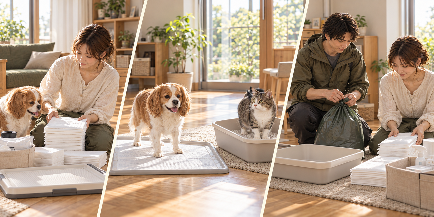 犬猫のトイレ備品を備え、それぞれの清潔な場所を整え、袋を閉じて交換用品を補充する三つの場面