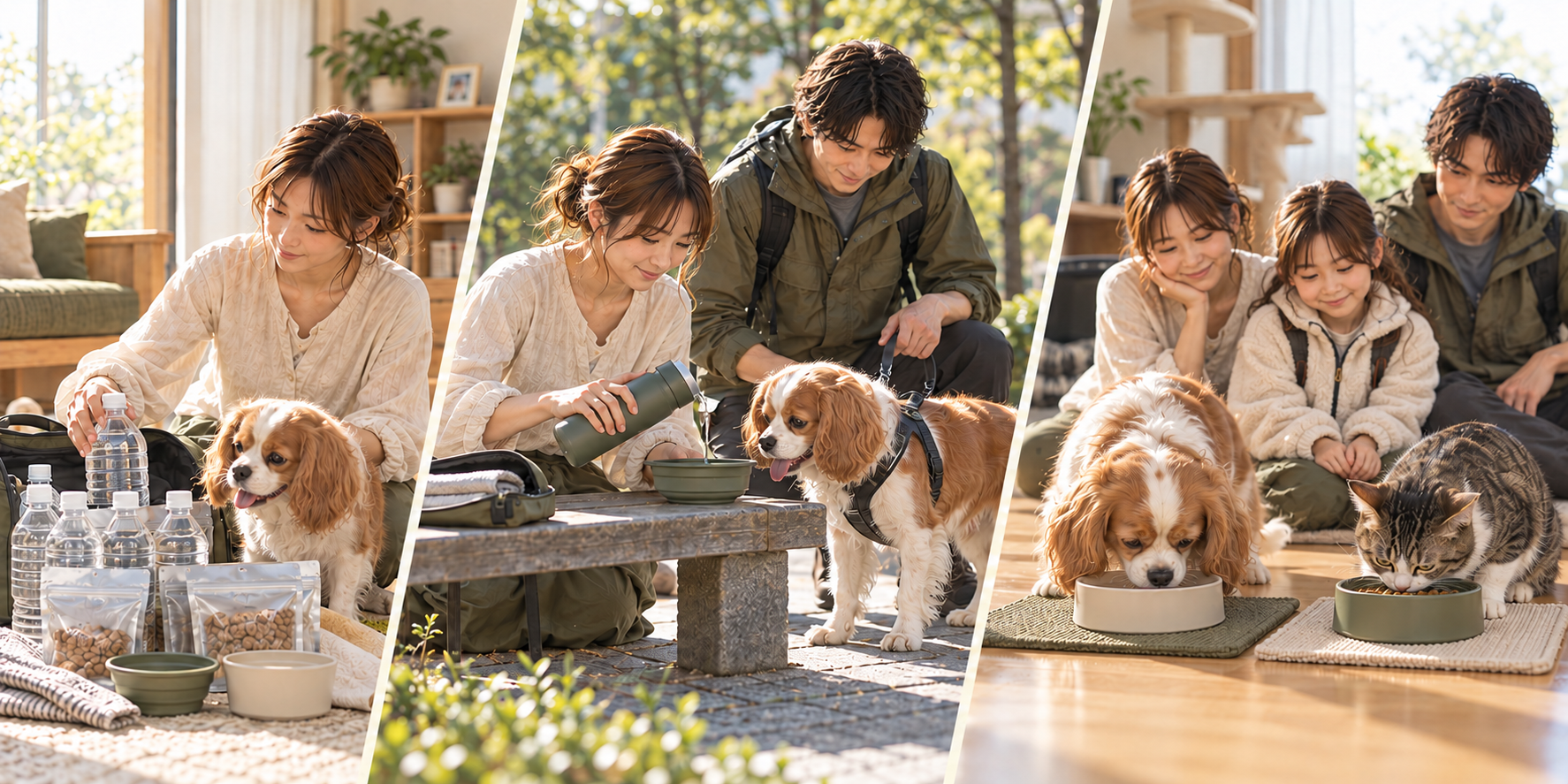 水と食器を準備して持ち出し、両親と女の子が別々の器で飲食する犬猫を見守る三つの場面