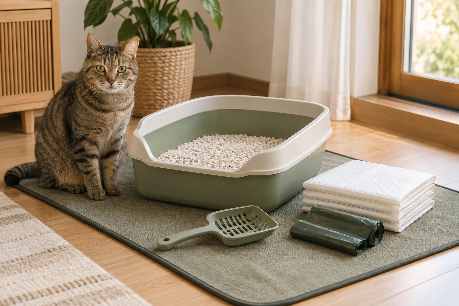 携帯猫トイレと処理袋・吸水シートを清潔にまとめた備え